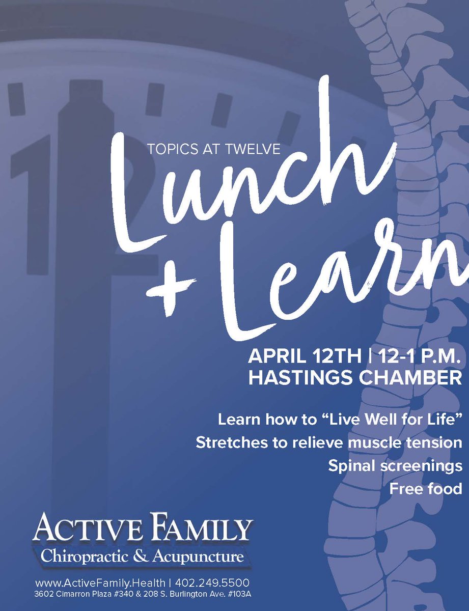 Join Active Family Chiropractic &amp; Acupuncture
Wednesday, April 12 @ 12:00 p.m. for Topics at Twelve.

Learn how to “Live Well for Life”
Stretches to relieve muscle tension
Spinal screenings
Free food

Register Here: docs.google.com/spreadsheets/d…