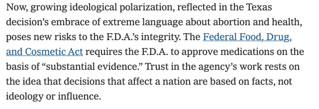 Lizstuartdc's tweet photo. I am concerned about the TX abortion pill decision not just for the immediate implications about access, but also for the long-term implications about the role of evidence (or not) in regulatory decisions.

Thx to @drJoshS for articulating all of this.

https://t.co/ct4RI2YTlv https://t.co/vN5Z1yjA9R