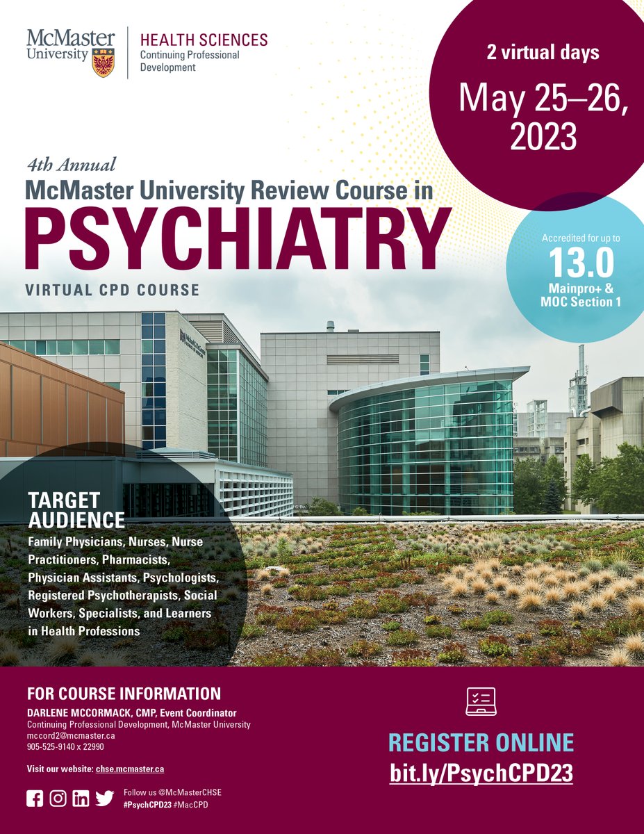 Continuing Professional Development, McMaster U (@mcmastercpd) on Twitter photo NOW #Accredited! Earn up to 13 Mainpro+ & 13 MOC section 1, at the 4th Annual McMaster University Review Course in Psychiatry. Virtually attend May 25-26/23. This a great opportunity to expand your knowledge & CPD. Register: bit.ly/PsychCPD23
<a href="/MacPsychReview/">Mac Psychiatry Review Course</a> #PsychCPD23 NOW #Accredited! Earn up to 13 Mainpro+ & 13 MOC section 1, at the 4th Annual McMaster University Review Course in Psychiatry. Virtually attend May 25-26/23. This a great opportunity to expand your knowledge & CPD. Register: bit.ly/PsychCPD23
<a href="/MacPsychReview/">Mac Psychiatry Review Course</a> #PsychCPD23