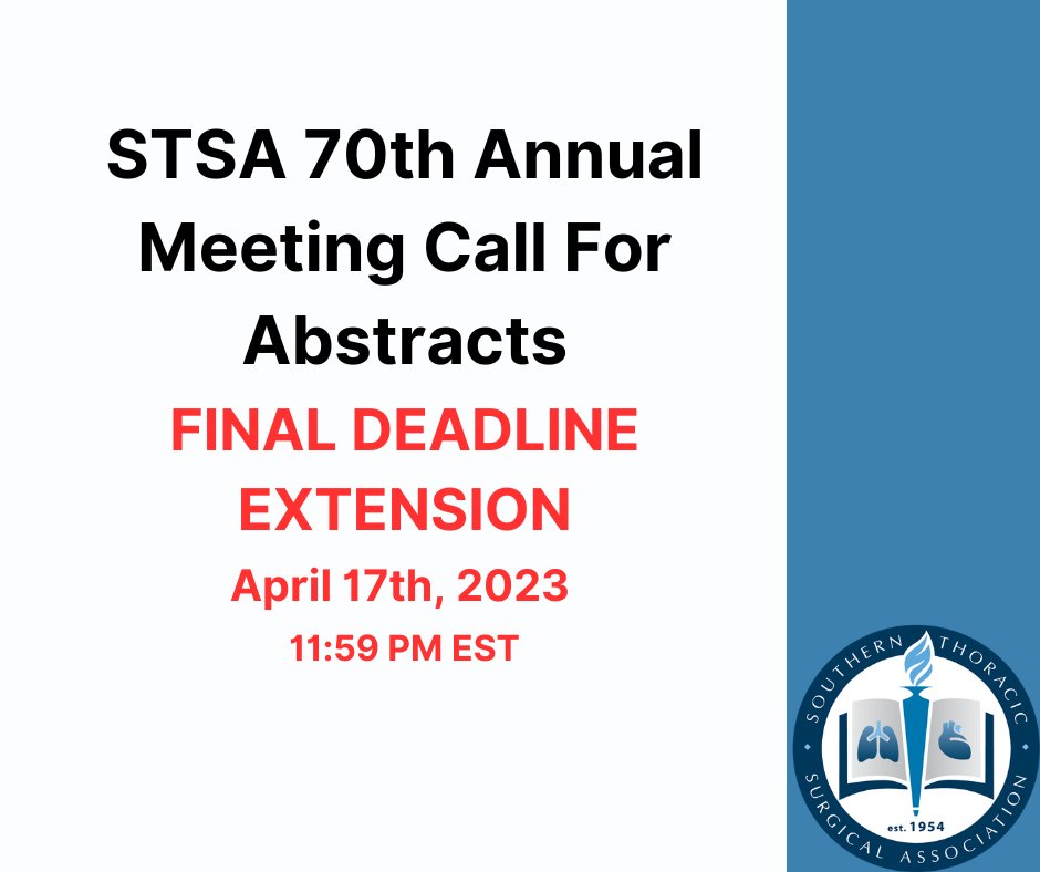 The STSA abstract submission deadline has been extended by 1 week to Monday, April 17, 2023 at 11:59 p.m. ET. This is the final deadline. The STSA 70th Annual Meeting will be held November 2-5, 2023, in Orlando, Florida. Visit bit.ly/3HEu3YV to submit your abstract.