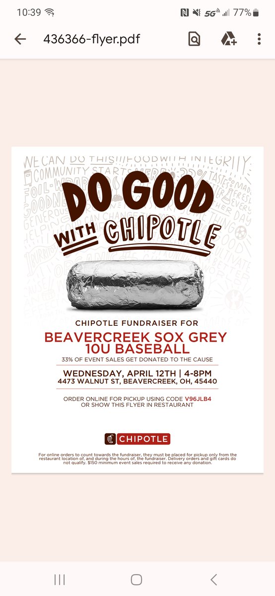 Come support the Beavercreek Sox 10u Grey team on Wednesday at their fundraiser from 4-8 pm at Chipotle at The Greene.  #SoxPride