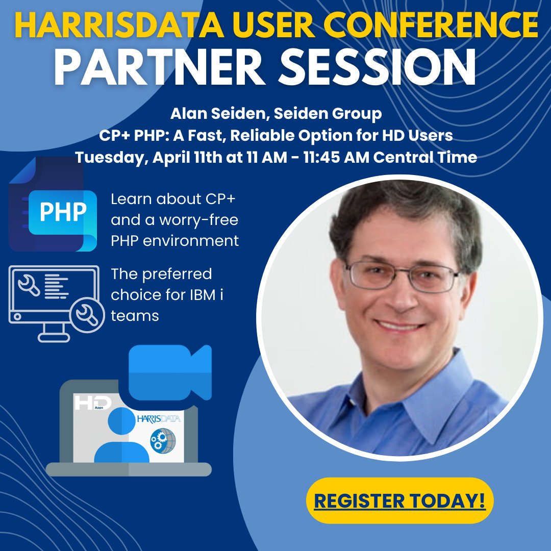 HarrisData's tweet photo. Tune into the HarrisData User Conference and check out @SeidenGroup's session at 11 AM CST on CP+ PHP, a rock-solid choice for IBM i teams that installs quickly and runs smoothly. Sign up today! https://t.co/lRArGIdgg7 https://t.co/QtTvbueP26
