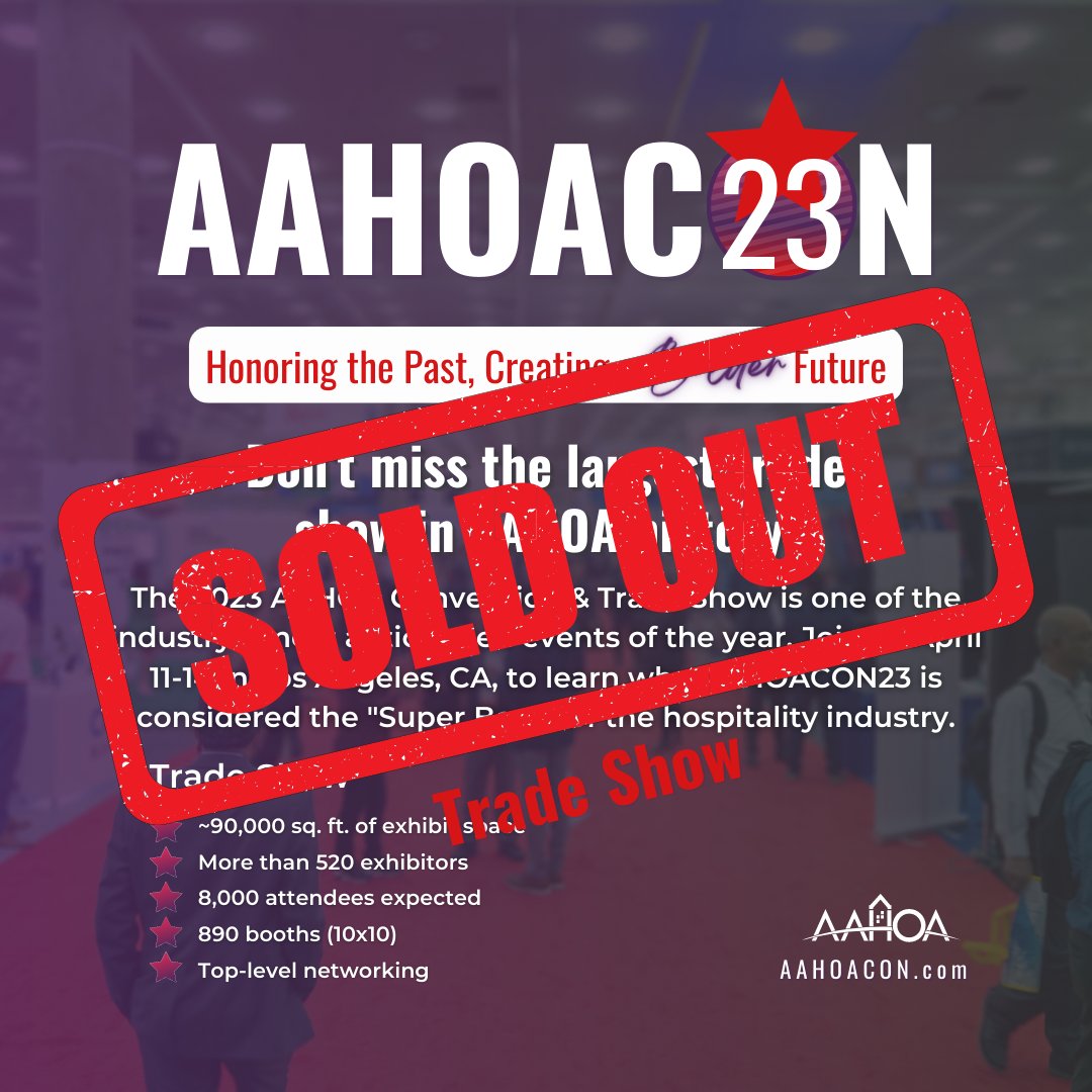 LL510Blake's tweet photo. I'm so excited to report that our Sales Team has officially sold out the #AAHOACON23 Trade Show!

In fact, we have started a wait list...1st time ever in @AAHOA history

⭐~90,000 net sq. feet
⭐ 520+ exhibiting companies
⭐ 890 booths (10x10)

What a way to start out AAHOACON23! https://t.co/kuyifPGFgQ