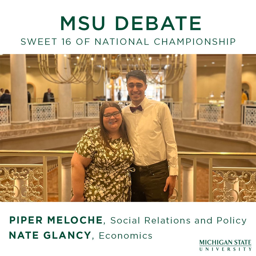 MSUDebate's tweet image. Congratulations to seniors Piper Meloche and Nate Glancy on reaching the ✨Sweet 16✨ of the National Debate Tournament! 

This is MSU Debate's first appearance on Monday of the NDT since 2017. Go Green! You can read a full recap here 👉 bit.ly/MSUNDT23
