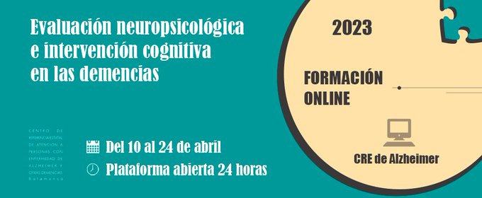 CRE_Alzheimer's tweet photo. ✅Matriculación abierta✅
Curso online gratuito «Evaluación neuropsicológica e intervención cognitiva en las demencias» del @CRE_Alzheimer del @Imserso 

🗓10-24 de abril. 2023  

Más información: https://t.co/mN3NdCdT56… 
#CursosImserso https://t.co/idN1mpdRf9