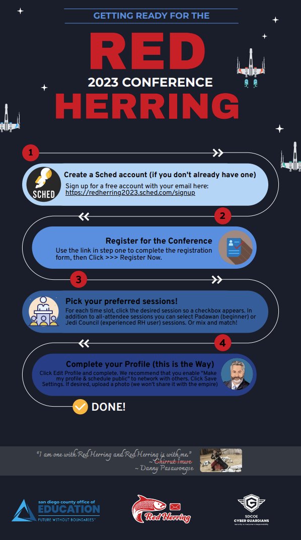 alphageeks's tweet image. The @SanDiegoCOE is hosting a free, virtual/online cybersecurity conference on email compromise #phishing and how to utilize the Red Herring #antiphishing platform on 5/4-5/5/23. Open to all I.T. staff in K-12 education. redherring2023.sched.com 
Hurry! Registration closes 5/1/23!