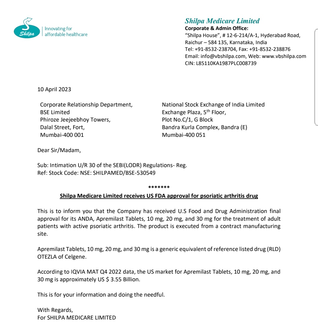 MarketVedantA's tweet photo. Shilpa Medicare gets US FDA final nod for its ANDA, Apremilast tablets, 10 mg, 20 mg, & 30 mg, which are used for the treatment of adult patients with active Psoriatic Arthritis.
#ShilpaMedicare #Receives #USFDA #FinalApproval #ANDA, #Apremilasttablets #treatment #adultpatients https://t.co/Mc2mLXR2ON