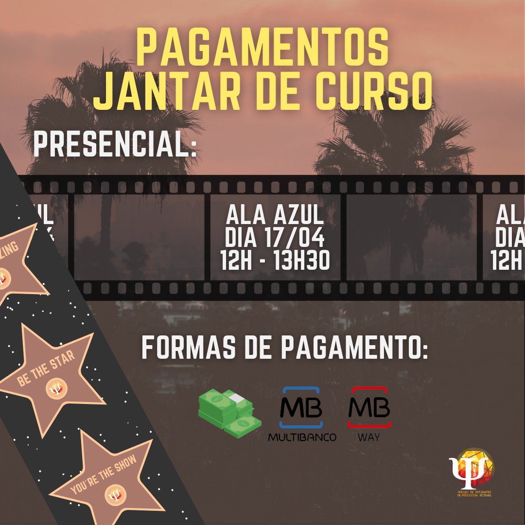 nepiscte's tweet photo. NEPiane, estás muito entusiasmade para o último jantar de curso? 

Então finaliza já a tua incrição! Podes efetuar o pagamento em dinheiro no dia 17/04, das 12h às 13h30 na Ala Azul. Se preferires pagar por MBway ou transferência bancária, envia-nos uma mp para o nosso Instagram. https://t.co/sq9AwmYODc