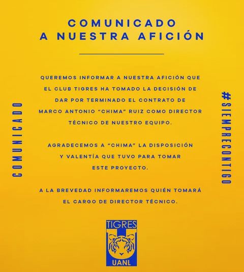 ari_am's tweet photo. La directiva de Tigres dió por terminada la relación con Marco Antonio Ruiz.

Tras 4 derrotas ante América, Monterrey, Toluca y Mazatlán. https://t.co/9BVMuVp1Dg
