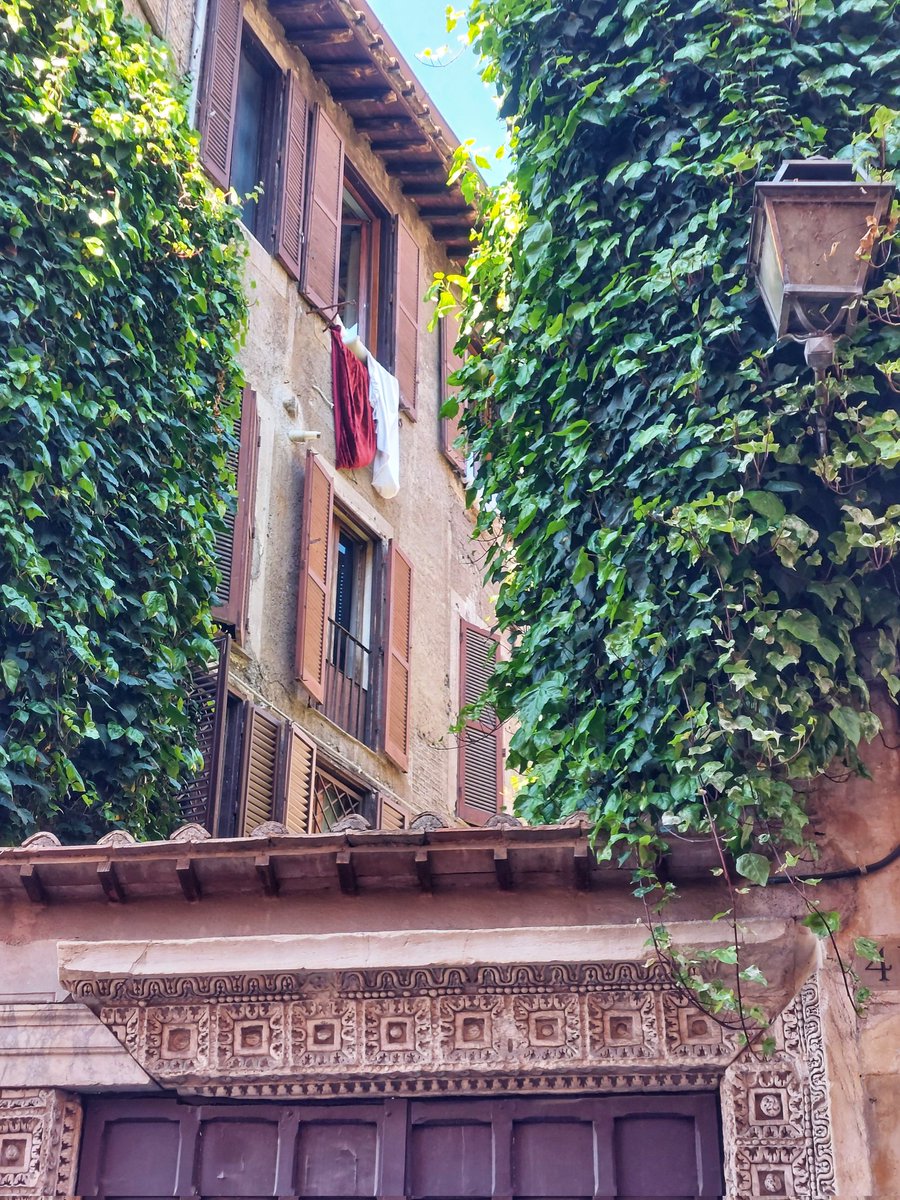 I panni stesi, l'edera che scende, un lampione sospeso, una cornice che ha una storia da raccontare. #Roma sparita. Piazza Margana. 📷mia