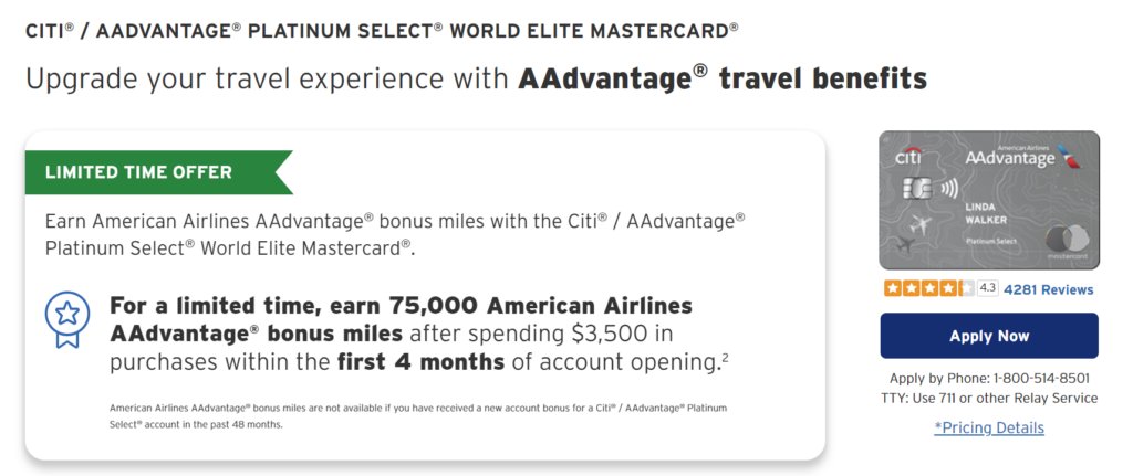 Citi / AAdvantage Platinum Select World Elite MasterCard – 75,000 Miles dlvr.it/SmGRw5