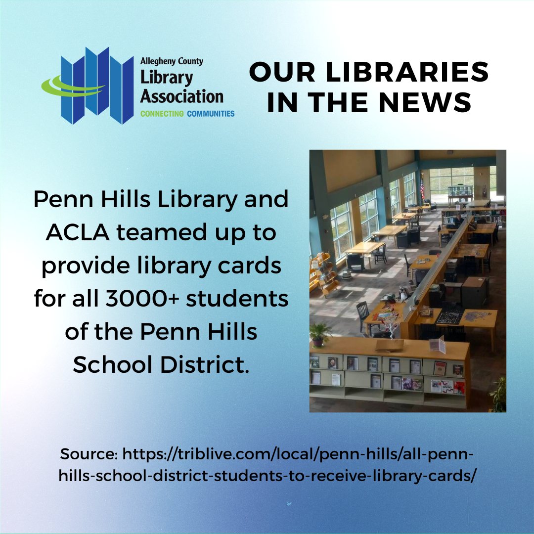 Our Libraries in the News: We teamed up with Penn Hills Library to provide library cards to the over 3 thousand students of the <a href="/PennHillsSD/">PHSD</a>. Libraries get it done!

Read more here: buff.ly/42TXU9H