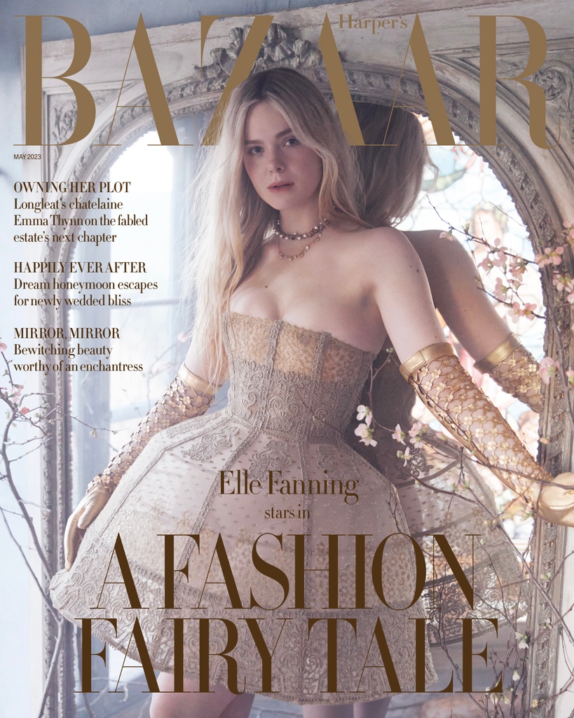 Dior's tweet photo. Actress Elle Fanning, no stranger to portraying royalty, beautifully tapped into a sovereign grace for the cover of the @HarpersBazaarUs May 2023 issue, dressed in an ethereal #DiorSS23 crinoline skirt and corset by Maria Grazia Chiuri.
#StarsinDior https://t.co/tG1lQM71am