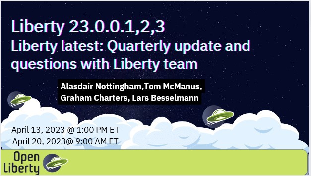 openlibertyio (@openlibertyio) on Twitter photo Join us on Thu, Apr 13, 1pm US ET / 5pm GMT as we look at the latest innovations in <a href="/OpenLibertyIO/">openlibertyio</a> for #Java developers including full support for <a href="/JakartaEE/">Jakarta EE</a> 10 and <a href="/MicroProfileIO/">MicroProfile</a> 6.
Sign up at ibm.biz/BdPmqL and bring your questions! Join us on Thu, Apr 13, 1pm US ET / 5pm GMT as we look at the latest innovations in <a href="/OpenLibertyIO/">openlibertyio</a> for #Java developers including full support for <a href="/JakartaEE/">Jakarta EE</a> 10 and <a href="/MicroProfileIO/">MicroProfile</a> 6.
Sign up at ibm.biz/BdPmqL and bring your questions!