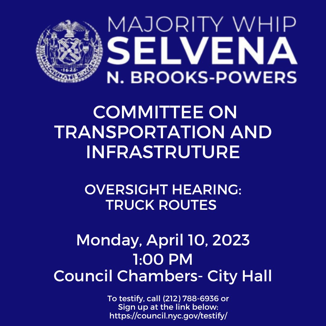 CMBrooksPowers's tweet photo. Happening today at 1P, the @nyccouncil Committee on #TransportationAndInfrastructure will convene a hearing on truck routes. To testify, sign-up at https://t.co/QF28CTlOya. https://t.co/nxTP3TnDf1