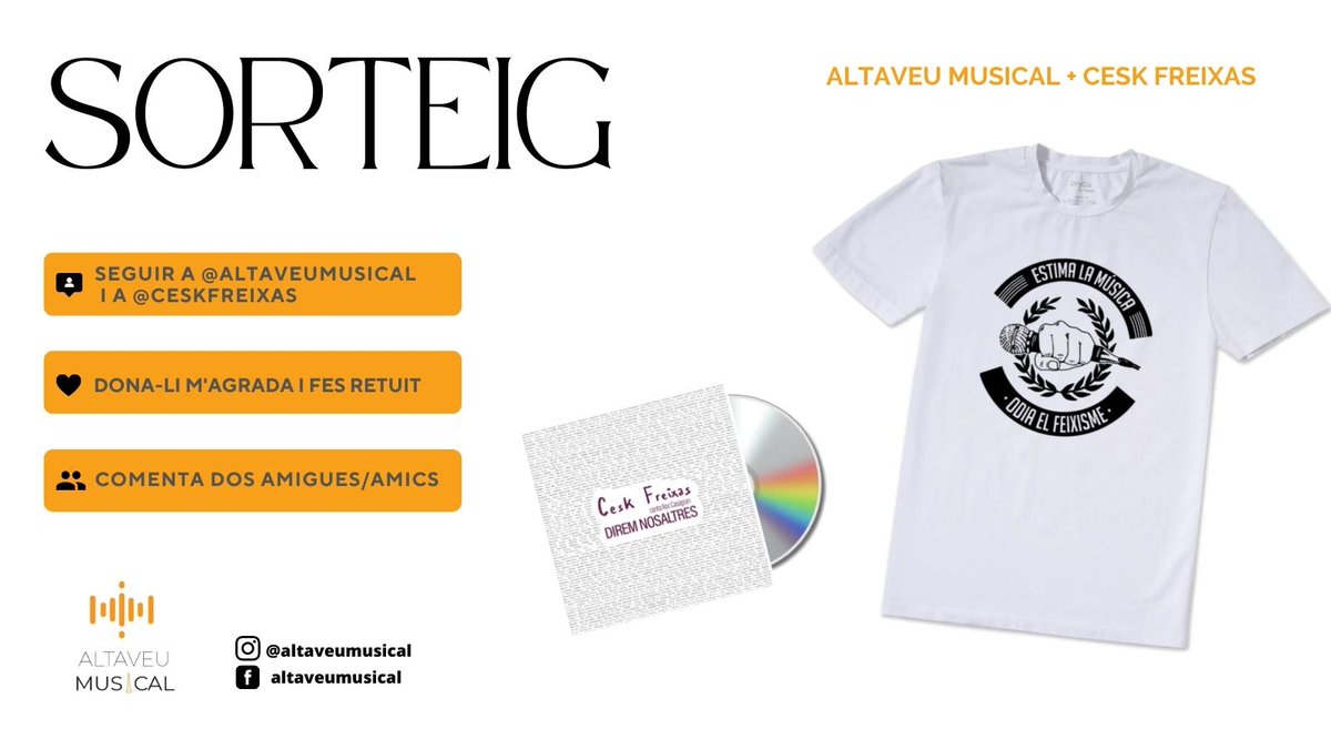 🔥SORTEIG🔥

Conjuntament amb el company @ceskfreixas sortegem: 

🏆 Samarreta 'Estima la música, odia el feixisme'
🏆 Disc 'Direm Nosaltres'

📆Es podrà participar fins al 23 d'abril, i el/la guanyador/a l'anunciarem el dia 24

💪 Segueix els passos de la imatge per a participar