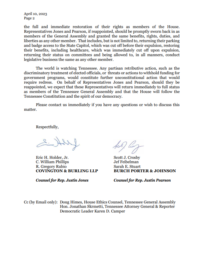 PhilNvestigates's tweet photo. NEW: "The world is watching Tennessee." Attorneys for @brotherjones_ and @Justinjpearson, including former AG Eric Holder, warn House Speaker @CSexton25 against interfering with their reappointments. Sexton's office says they have no such intentions. #TheTennesseeThree https://t.co/njIJUPIJxx