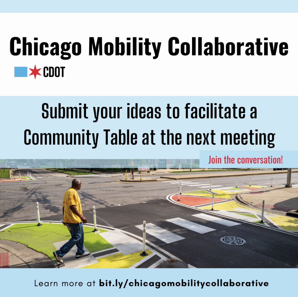 🚸Happy #MobilityMonday Chicago❗️

🛑 What would you like to discuss at CMC❓

⚠️Please submit your Community Table ideas and help us refine the agenda for the next meeting. 

🧑🏼‍🦽For more information and to submit your ideas visit: bit.ly/chicagomobilit…