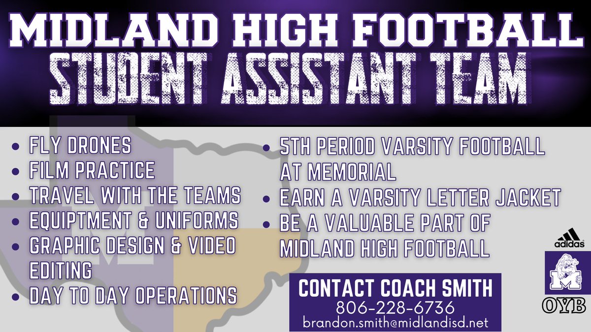 midlandhighfb's tweet photo. Midland High Football is looking to add members to its Student Assistant Team. Incoming 10th-12th grades at MHS are preferred but can also make it work for 9th graders at Midland Freshman. Come join the Bulldog Family and be apart of something special. 

🟣⚪️

#OYB https://t.co/8B1ehJNeW7