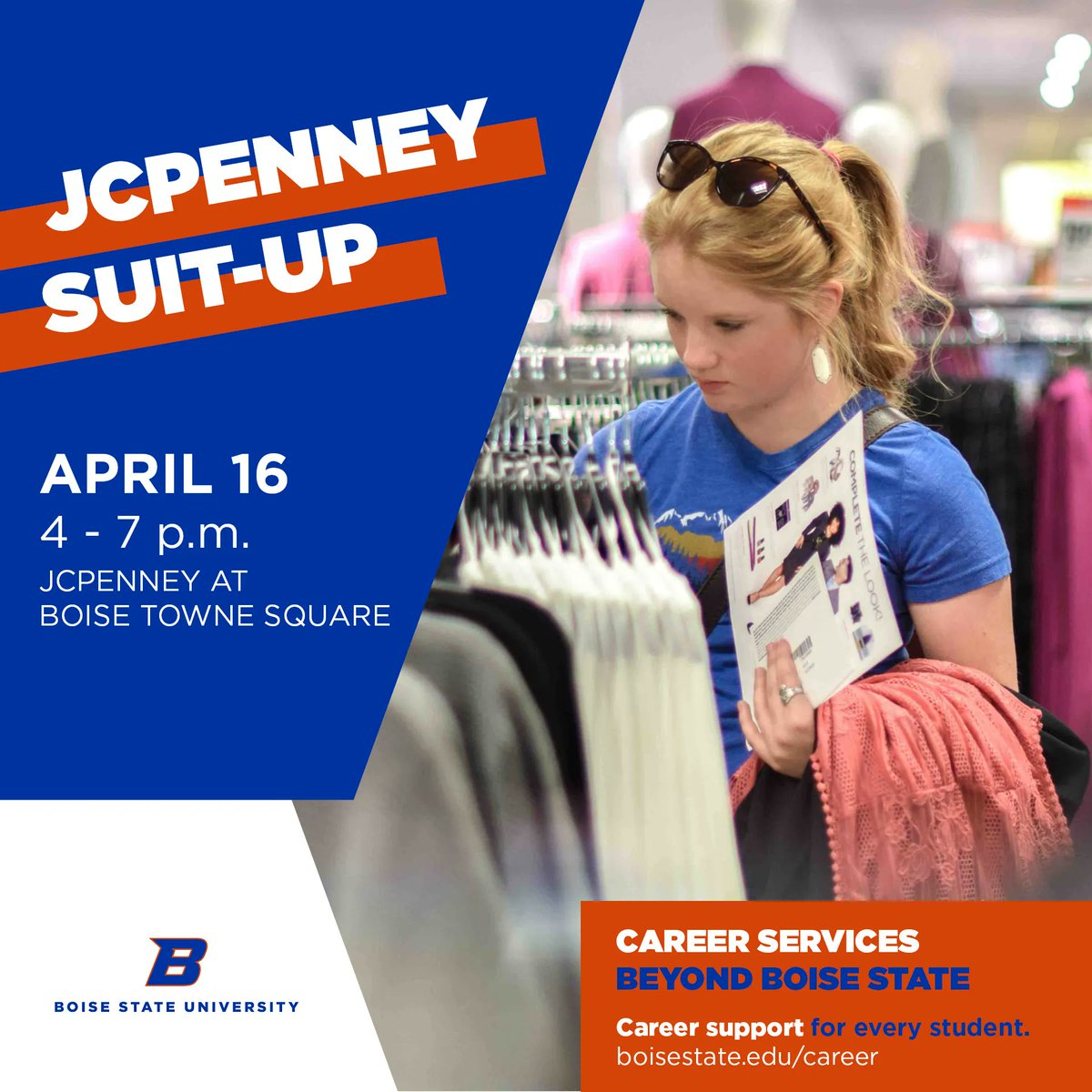 Boost your career confidence with a new professional wardrobe. Shop the Suit-Up on Sunday, April 16, from 4-7pm at the Boise Towne Square JCPenney and get an additional 30% (on top of existing discounts) off all career attire. buff.ly/3LJHzfn #BeyondBoiseState #SuitUp