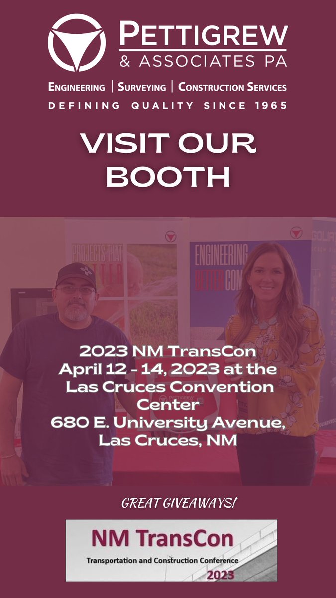 PettigrewAssoc's tweet photo. We're out and about this week!  Hope to see your smiling faces!!
#nmtranscon2023 #nmtranscon #lascrucesnm #lascrucesconventioncenter #transportation #engineering #NMSU https://t.co/oZIMJMqomy