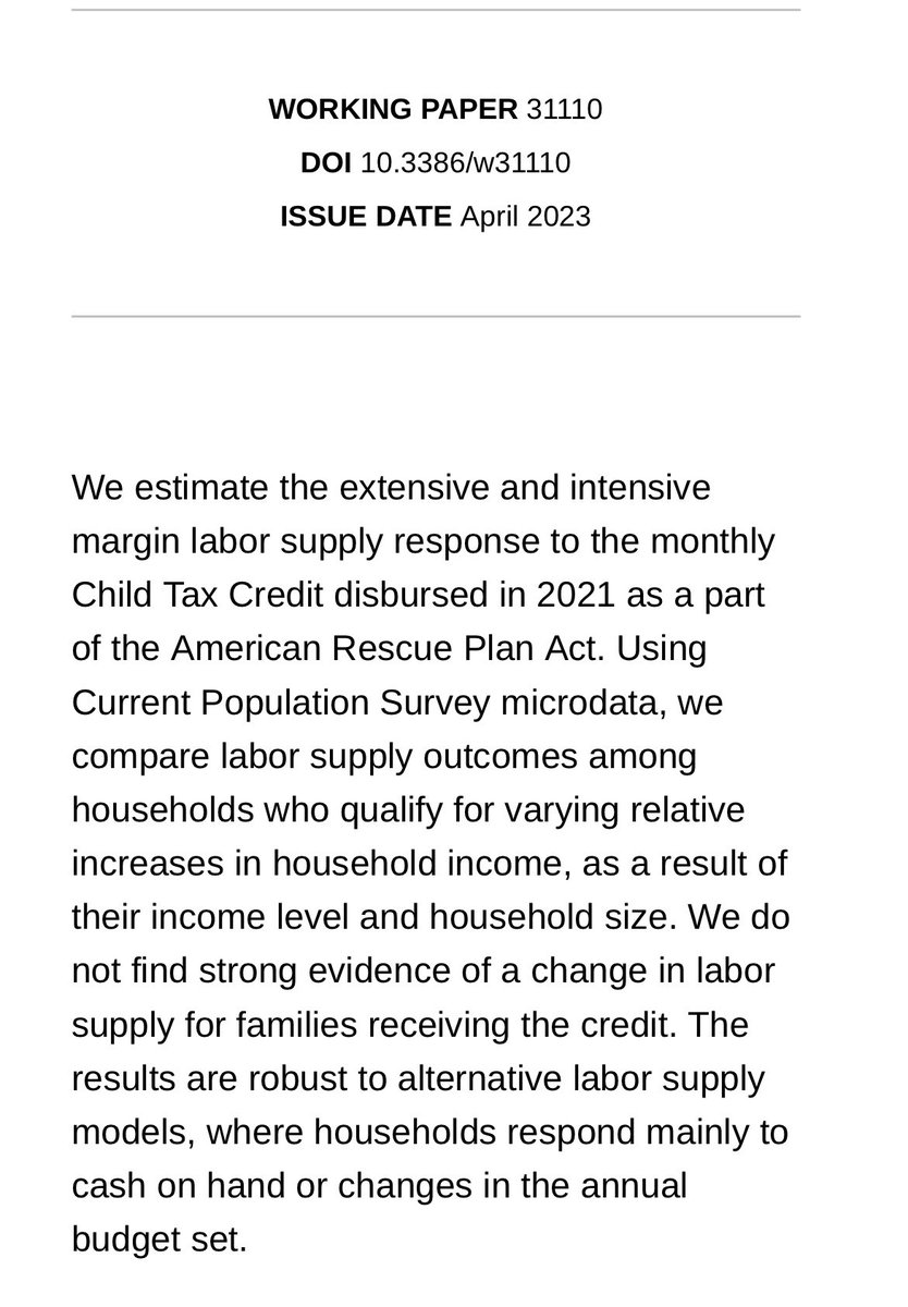 🚨 New Working Paper 🚨 

The Short-Term Labor Supply Response to the Expanded Child Tax Credit

me + <a href="/brandonriquez/">Brandon Enriquez, Ph.D.</a> and <a href="/ernietedeschi/">Ernie Tedeschi</a> 

ungated draft: home.uchicago.edu/~j1s/Jones_CTC…

🧵