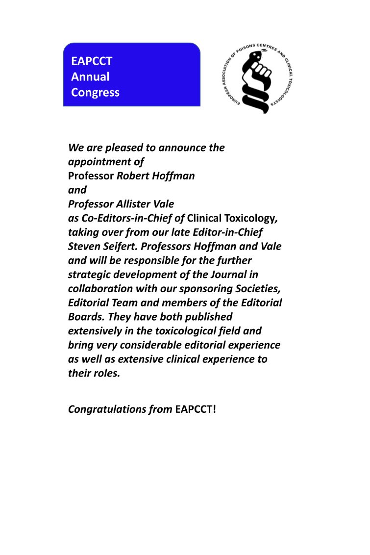EAPCCT (@eapcct) on Twitter photo We are pleased to announce the appointment of
Professor Robert Hoffman
and
Professor Allister Vale
as Co-Editors-in-Chief of <a href="/Clin_Tox/">Clinical Toxicology</a>
Congratulations!
<a href="/eapcct/">EAPCCT</a> #eapcct2023
@AACTtinfo <a href="/AAPCC/">APCC APCC</a> <a href="/acmtmedtox/">American College of Medical Toxicology</a>
<a href="/asiatox/">APAMT</a> <a href="/MENATOX/">MENATOX</a> <a href="/SOToxicology/">Society of Toxicology</a>
<a href="/AICsection/">AACT Acute & Intensive Care</a>
<a href="/Clin_Tox/">Clinical Toxicology</a> We are pleased to announce the appointment of
Professor Robert Hoffman
and
Professor Allister Vale
as Co-Editors-in-Chief of <a href="/Clin_Tox/">Clinical Toxicology</a>
Congratulations!
<a href="/eapcct/">EAPCCT</a> #eapcct2023
@AACTtinfo <a href="/AAPCC/">APCC APCC</a> <a href="/acmtmedtox/">American College of Medical Toxicology</a>
<a href="/asiatox/">APAMT</a> <a href="/MENATOX/">MENATOX</a> <a href="/SOToxicology/">Society of Toxicology</a>
<a href="/AICsection/">AACT Acute & Intensive Care</a>
<a href="/Clin_Tox/">Clinical Toxicology</a>
