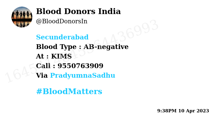 BloodDonorsIn's tweet photo. #Secunderabad
Need #Blood Type :  AB-negative
Blood Component : Blood
Number of Units : 2
Primary Number : 9550763909
Via: @PradyumnaSadhu
#BloodMatters https://t.co/x6JnAdNwbW