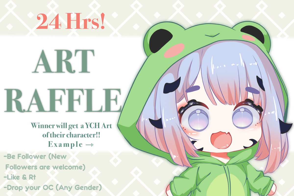 🐸 24 hrs Art Raffle  ✨

To enter: 
- Be Follower (New Followers are Welcome)
- Like &amp; Rt
- Drop your OC, PNG (any Gender) 

Winner will get a YCH Art of their character!! 

I’ll choose the winner from the comments that meet the requirements 

Good Luck