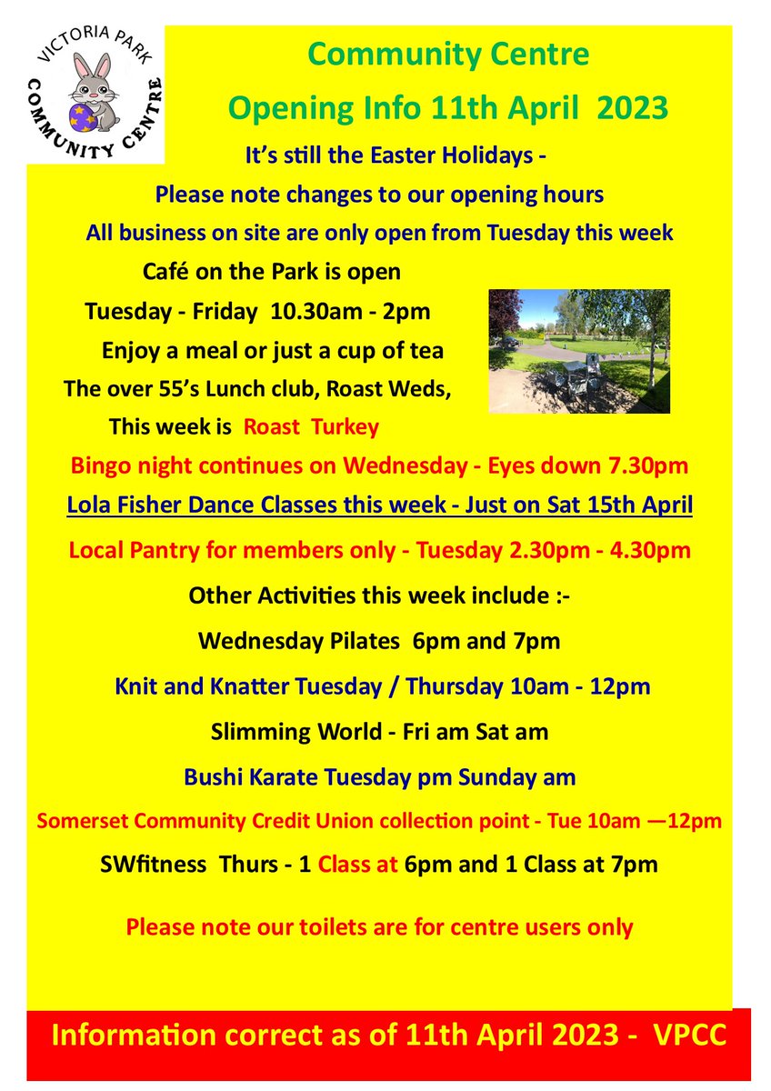Victoria Park
<a href="/victoria__park/">Victoria Park</a>
Easter Monday 10th April 2023  

The centre is closed all day today  
We hope everyone had a great Easter and you left some chocolate to eat today 

We are back open tomorrow as usual  

VPCC