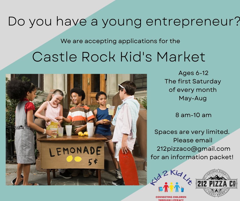Kid2KidLit's tweet photo. Are you 6-12 years old? Do you have a great idea? Are you looking for a place to learn how to run your small business? Please join 212pizzaco and kid2kidlit and apply today!
#oneflagstone #dtcastlerock @oneflagstone @dtcastlerock #castlerockfamilies @castlerockfamilies https://t.co/wh4mIG5ScZ