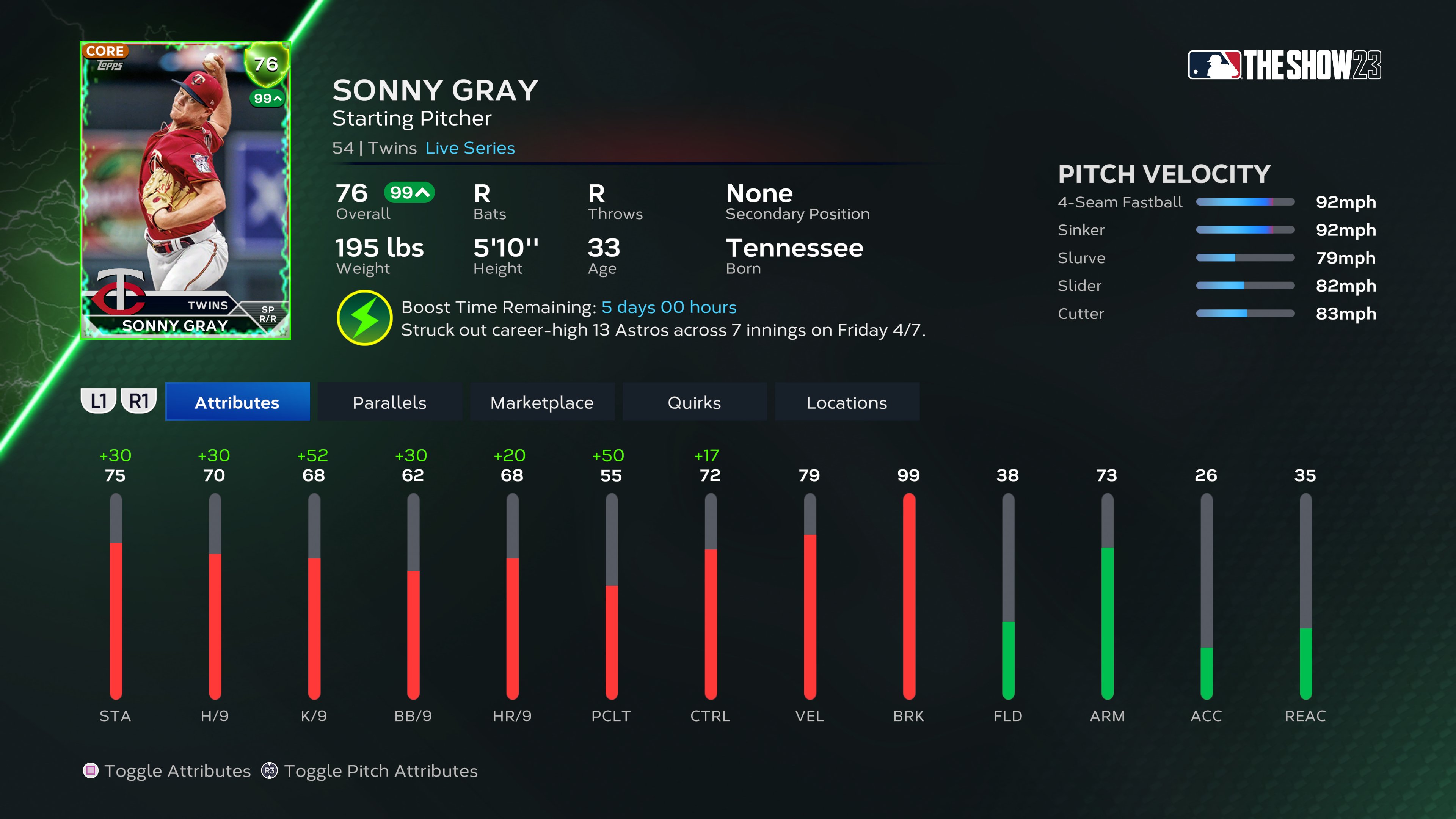 MLB The Show on X: 1️⃣3️⃣ strikeouts, a career-high for Sonny Gray! ☀️💪  Sonny gets 🔋 #Supercharged 🔋to a 9️⃣9️⃣ OVR for 5 days. #MLBTheShowSC