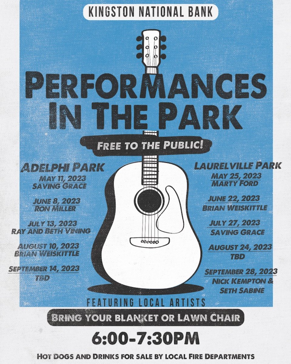 kingston_bank's tweet photo. Want something fun to do on a warm summer Thursday evening? Visit one of our local parks (Adelphi and Laurelville) and listen to live music from local musicians! Free to the public! 6:00-7:30 PM. Bring a chair or blanket. https://t.co/lujyIH7mo3