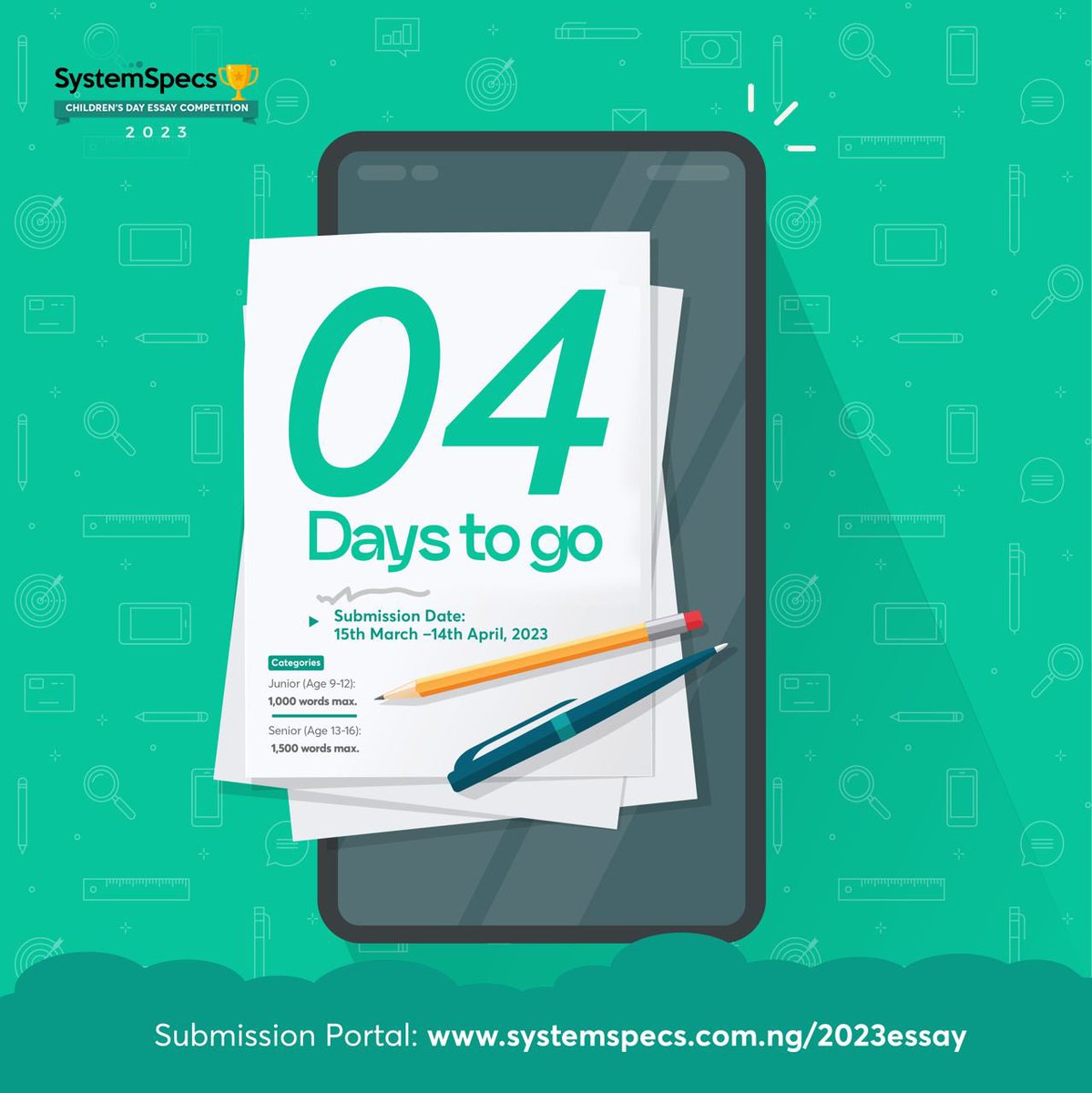 SystemSpecsNig's tweet photo. The countdown has officially begun!π₯³β¨β¨Hurry now to https://t.co/P7XBA07iLS for more information and to submit your essay. β¨β¨Weβre rooting for you!ππβ¨β¨#CDEC2023 #EssayCompetition #ChildrenEssayCompetitionβ¨#SystemSpecsCDEC2023 #SystemSpecs https://t.co/mkdjdBeciT