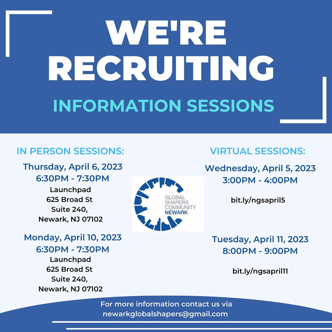 Interested  in becoming a Newark Global Shaper? We’re recruiting ! 
Check out today at our in person info session. Click the link in our bio to sign up. Looking forward to seeing you all💙
bit.ly/newarkgs #globalshapers #newarkshapers #community #recruiting  #cityofnewark