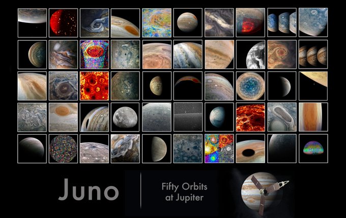 A grid of 50 thumbnail images showing various colorful views of Jupiter and its moons against a black background. Title text reads: Juno, fifty orbits at Jupiter. Full image credits and captions are available at the link in the post: https://www.missionjuno.swri.edu/news/nasa-s-juno-mission-marks-50-orbits-around-jupiter   