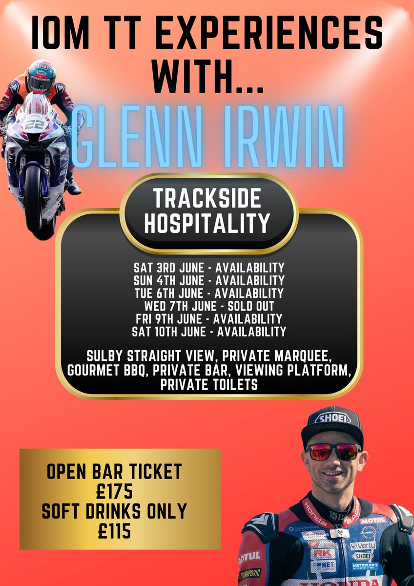 Coming to the TT this year?? Take a look at some of our amazing VIP experiences with special guests <a href="/Stavros6/">Steve Parrish</a> and <a href="/GIrwinRacing/">Glenn Irwin</a> 10% off this Easter weekend - email ben@thegingerhall.co.uk to book #iomtt  #ttraces #roadracing #isleofmantt #motorbike #TT #glennirwin #steveparrish