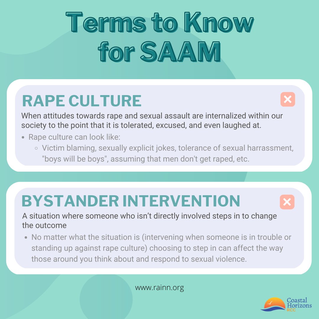 SupportRCC's tweet photo. Believe survivors. Support survivors. Interrupt rape culture. Stop victim blaming. Be a positive bystander. Always ask for consent. Respect the answer. 

#SAAM2023
#SexualAssaultAwarenessMonth
#supportsurvivors
@RAINN https://t.co/avhLAp9XFq