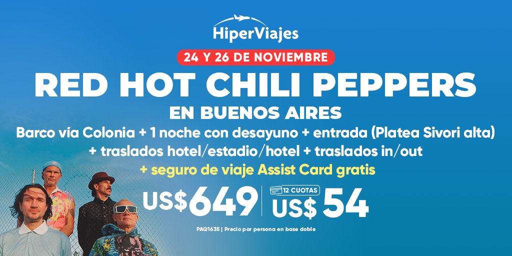 ¡ESTÁS A TIEMPO de ver a los Red Hot Chili Peppers en Buenos Aires! 🤩

No te pierdas la oportunidad de ver en vivo la magia de John Frusciante, Flea, Anthony Kiedis y Chad Smith en una gira mundial que agota estadios. ⭐

Más info: shorturl.at/hquC0