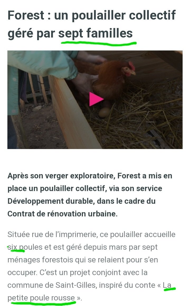 On a enfin trouvé le livre de management qui inspire Ecolo dans la gestion de Bruxelles: La petite poule rousse. 
A Forest, un poulailler collectif de 6 poules est géré par...7 familles.