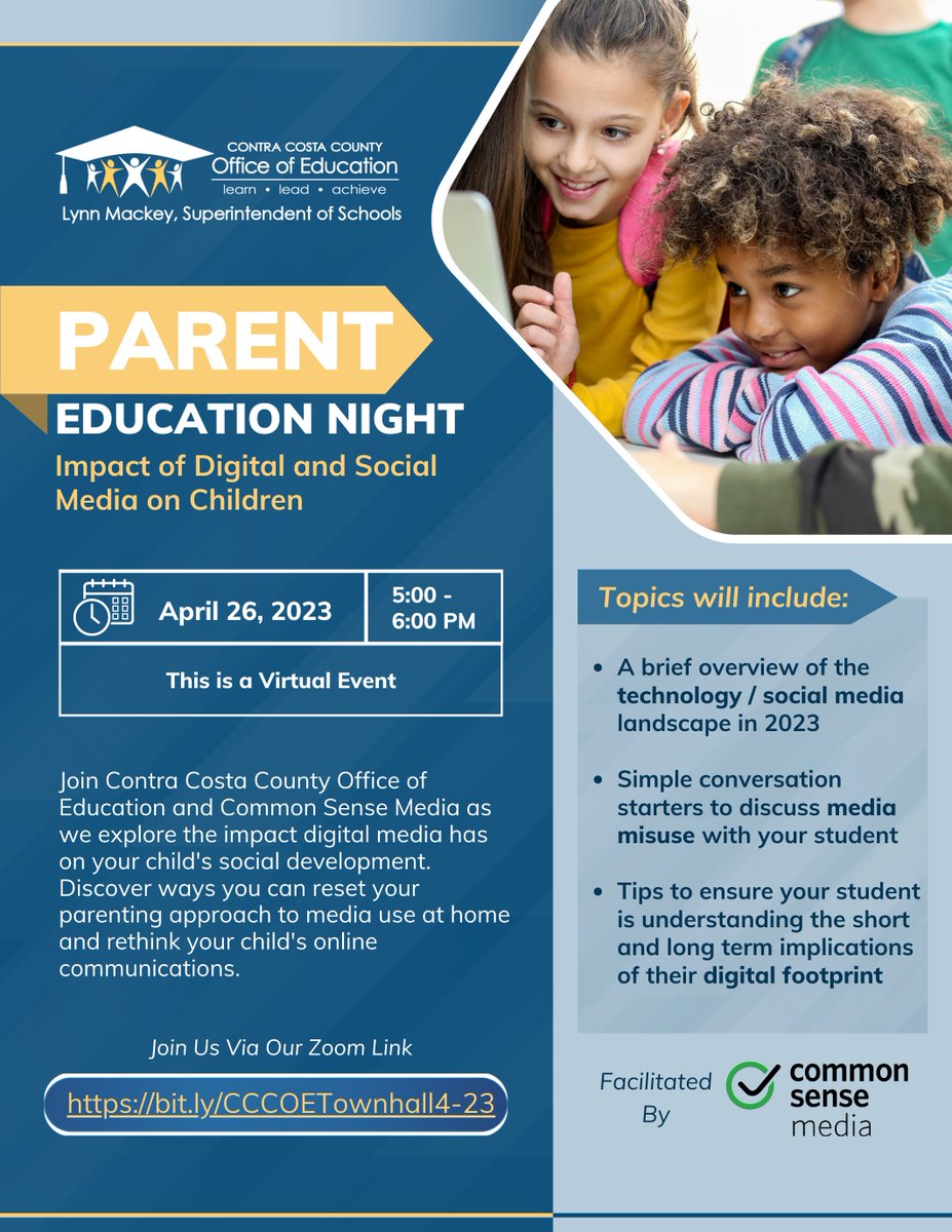 Contra Costa County Office of Education (CCCOE) (@cocoschools) on Twitter photo CCCOE and Common Sense Media are hosting a virtual "Parent Education Night" on the Impact of Digital Media and Media on Children. Discover ways to reset your media use at home. Join us on Zoom on 4/26 from 5:00 p.m. - 6:00 p.m. cccoeschools.zoom.us/j/96072418647?…
#CCCOE <a href="/CommonSense/">Common Sense Media</a> CCCOE and Common Sense Media are hosting a virtual "Parent Education Night" on the Impact of Digital Media and Media on Children. Discover ways to reset your media use at home. Join us on Zoom on 4/26 from 5:00 p.m. - 6:00 p.m. cccoeschools.zoom.us/j/96072418647?…
#CCCOE <a href="/CommonSense/">Common Sense Media</a>