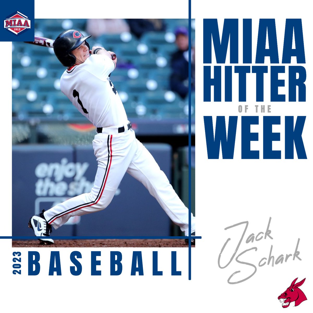 TheMIAA's tweet photo. 🆕 MIAA Baseball Athletes of the Week⚾️⤵️

Jack Schark led @Mules_Baseball with a .615 batting average (8-for-13) as UCM picked up wins against two top-10 ranked opponents to be named the MIAA Hitter of the Week👏

📰 https://t.co/8eZgYwF0JS
#BringYourAGame https://t.co/X2PY8RbiVc