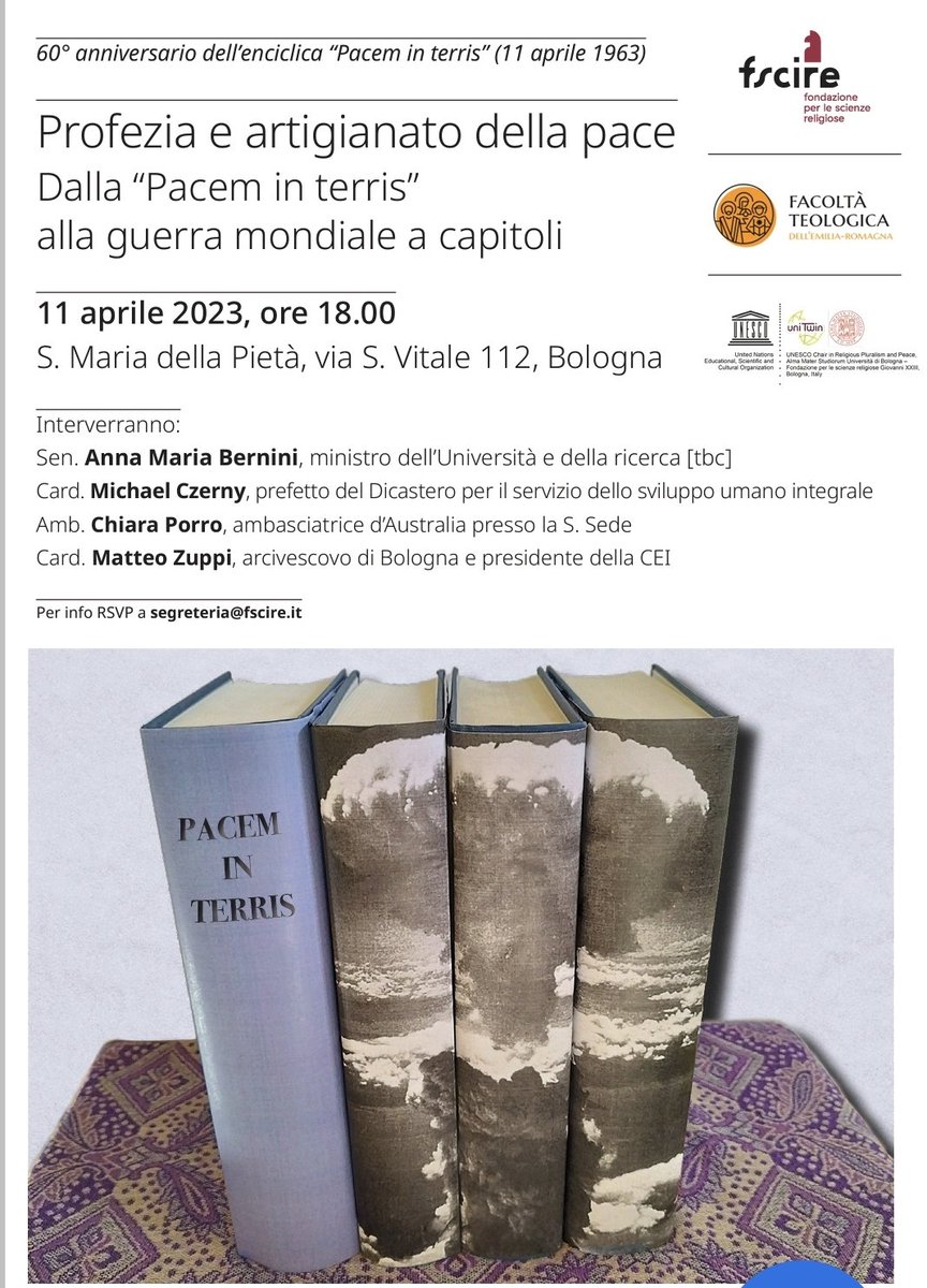 albertomelloni's tweet photo. Martedì 11 aprile a Bologna ore 18 in via S. Vitale 116 a S.Maria della pietà #Zuppi @jesuitczerny @AusAmbHolySee su
#PacemInTerris
@fscireIT #Fter @UNESCO @ItalyatUNESCO @Unibo @TerzaLoggia @ItalytoHolySee https://t.co/3hvM0qeRsW