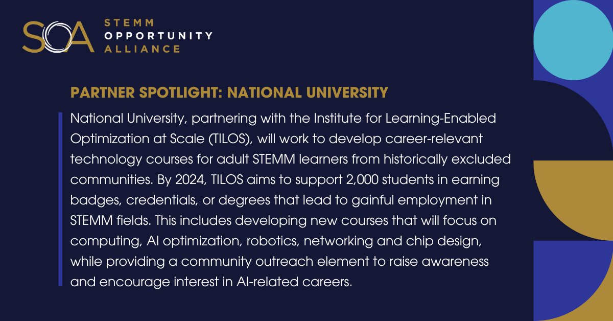 STEMM Opportunity Alliance (@soa_2050) on Twitter photo .<a href="/NatUniv/">National University</a> is partnering with <a href="/tilos_ai/">TILOS AI Institute</a> to develop career-relevant technology courses for adult STEMM learners from historically excluded communities. The initiative aims to support 2,000 students seeking gainful employment in STEMM fields by 2024. .<a href="/NatUniv/">National University</a> is partnering with <a href="/tilos_ai/">TILOS AI Institute</a> to develop career-relevant technology courses for adult STEMM learners from historically excluded communities. The initiative aims to support 2,000 students seeking gainful employment in STEMM fields by 2024.