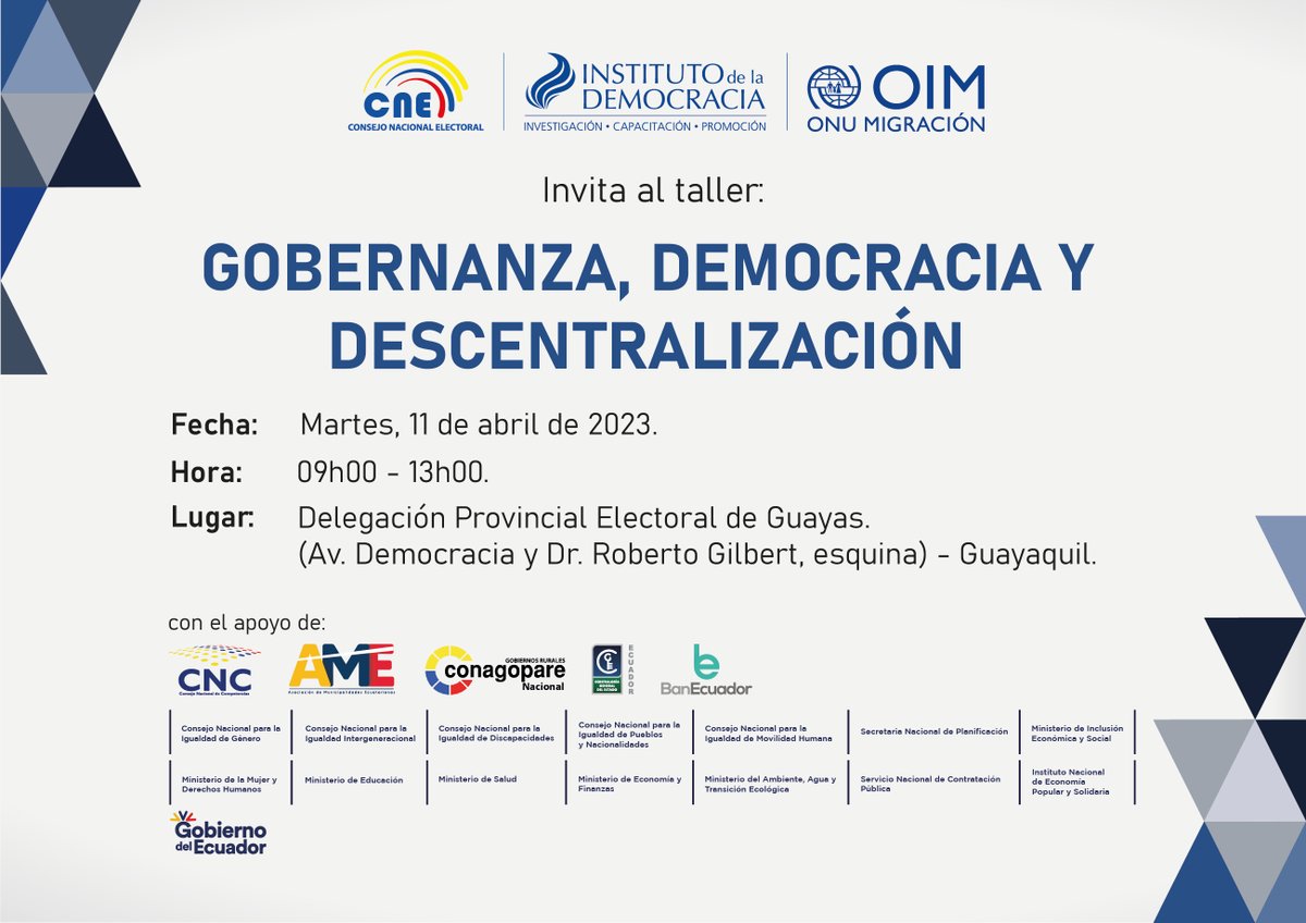 competenciascnc's tweet photo. En #Guayas, este 11 de abril, impartiremos el Taller #GobernanzaDemocraciaYDescentralización, dirigido a las nuevas autoridades seccionales de la provincia y sus equipos técnicos, para proporcionarles herramientas que les permitan mejorar su gobernabilidad.  ¡Acompáñanos! https://t.co/TXhH48ueMG