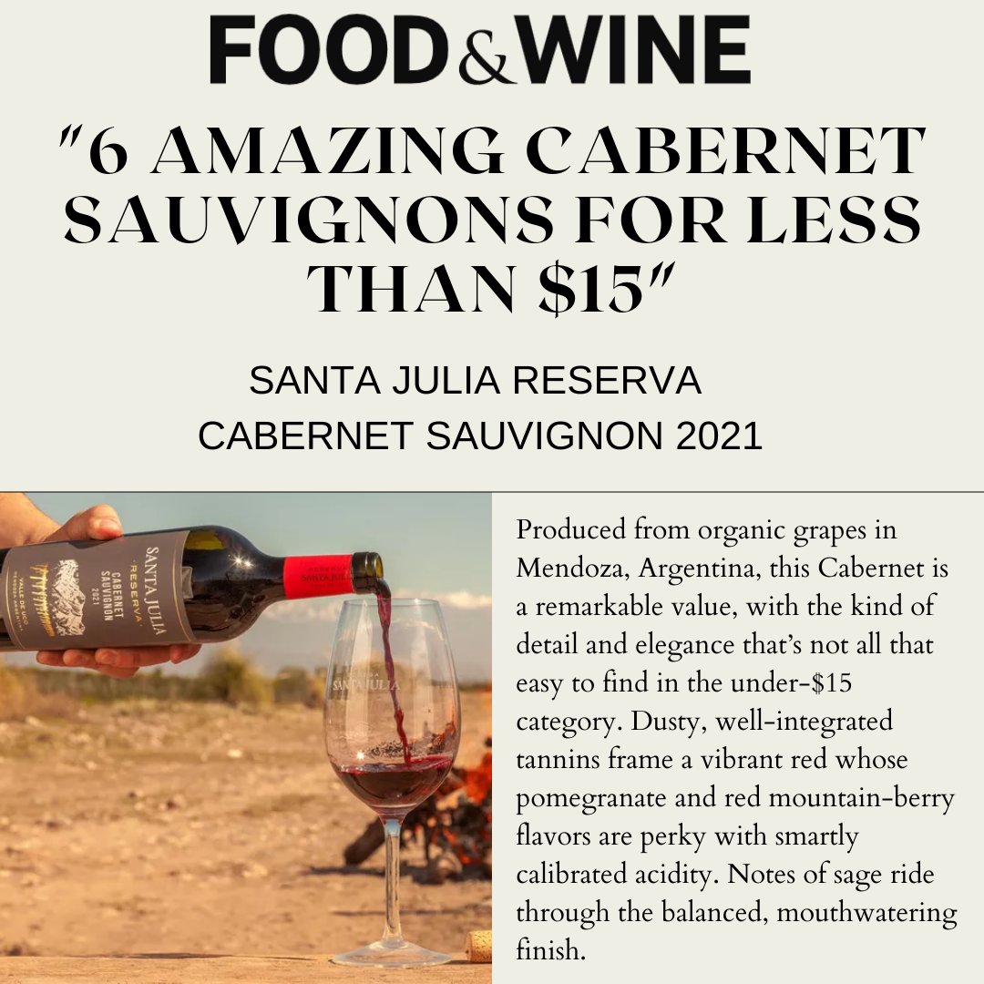 The Santa Julia Reserva Cabernet Sauvignon makes Food&amp;Wine's Top 6 Under $15!
Click here to read more: foodandwine.com/wine/red-wine/…