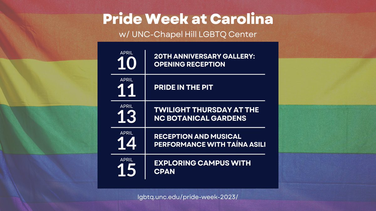 UNC_SA's tweet image. Ready to celebrate Pride Week? Check out these events hosted by @uncchlgbtq! For more information, check out their website at lgbtq.unc.edu/pride-week-2023.
