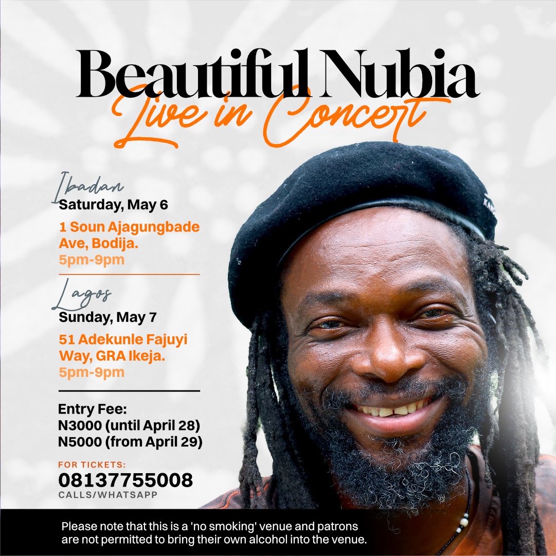 Beautiful_Nubia's tweet photo. It was lovely to see you all at our concerts during the weekend. As promised, we will host another in Ibadan on May 6 and Lagos on May 7. Tickets are 3K until April 28 after which they go up to 5K. For Tickets, contact 08137755008. Tickets must be bought before the date. https://t.co/UmxHaT6srS