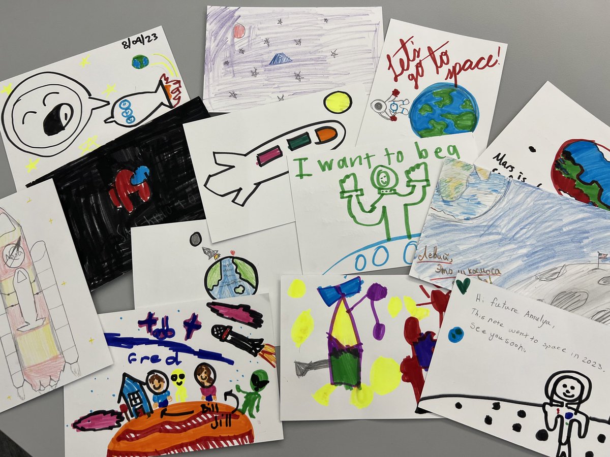 Here is some of the inspired art collected by @clubforfuture from the @museumofflight during @YurisNight that will be flown to space by @blueorigin! Thank you to everyone who stopped by! #weAreALLGoing #forthebenefitofearth