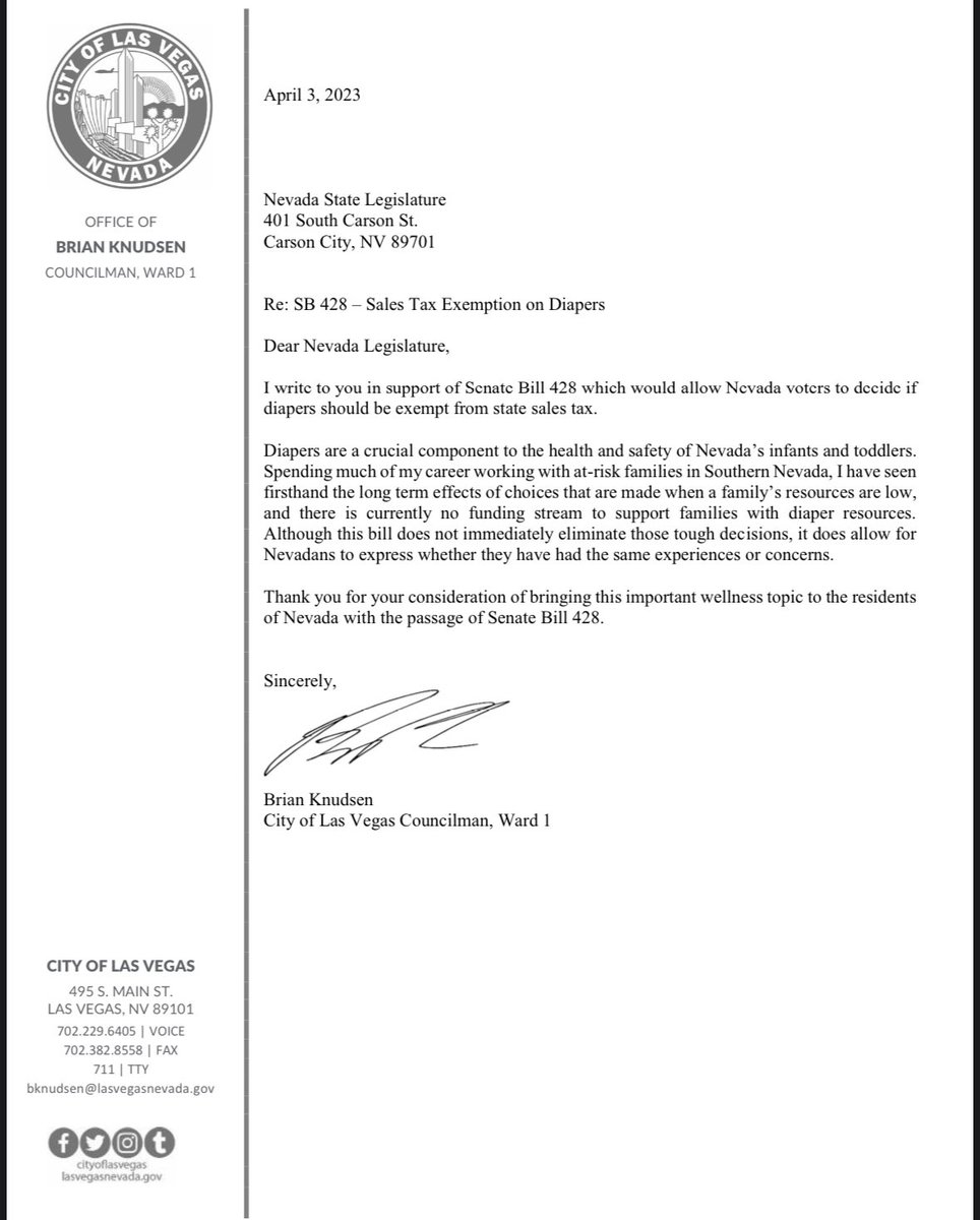 Babysbountylv's tweet photo. Thank you, Ward 1 Councilman and Mayor Pro tem, Brian Knudsen for supporting SB428! We must provide some relief for struggling families by removing the sales tax on diapers. #NVLeg #EndDiaperNeed @edgarfloresnv #SB428 @brianforlv #LVward1 https://t.co/50C4mFOnyg
